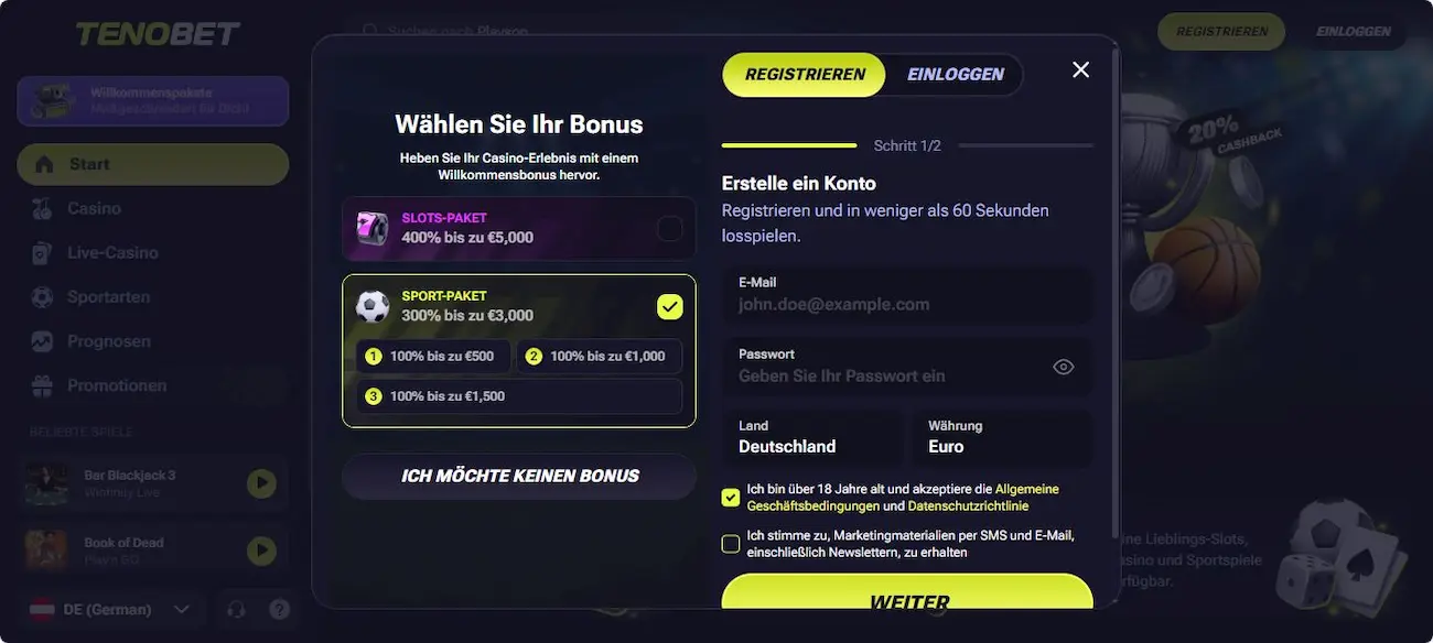 TenoBet Registrierung: So gehst du vor