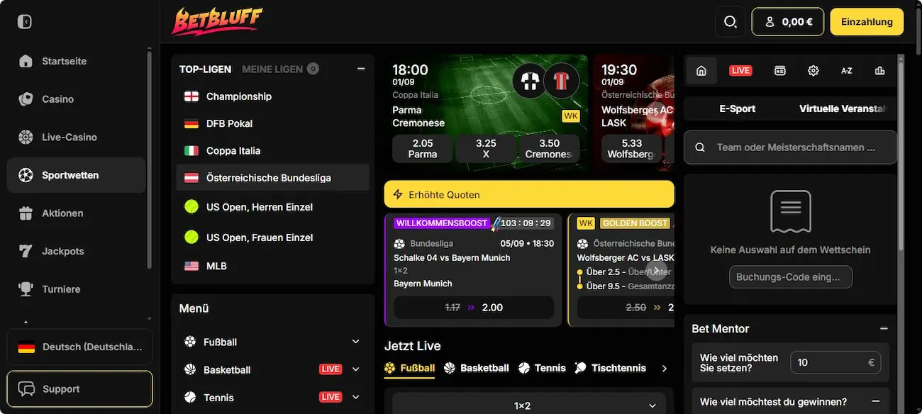 BetBluff Sportwetten-Angebot in der Übersicht