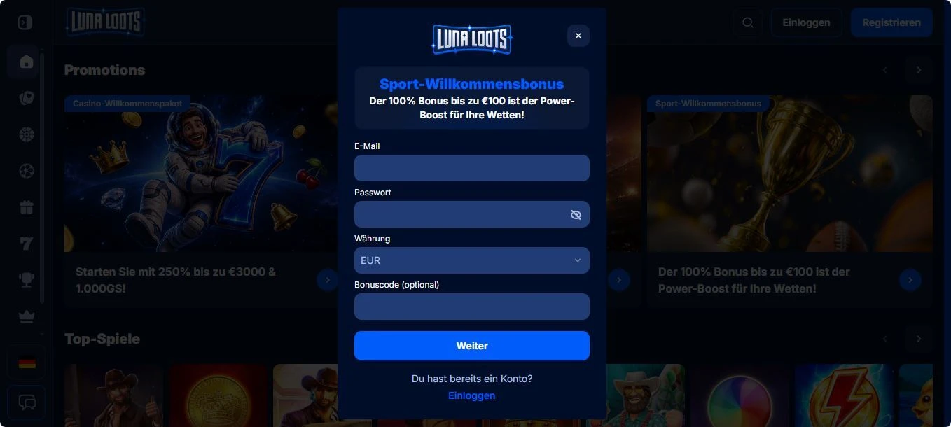 Lunaloots Bonuscode bei der Registrierung