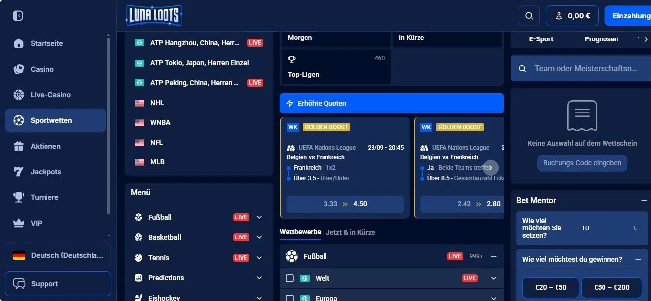 Lunaloots Sportwetten Angebot