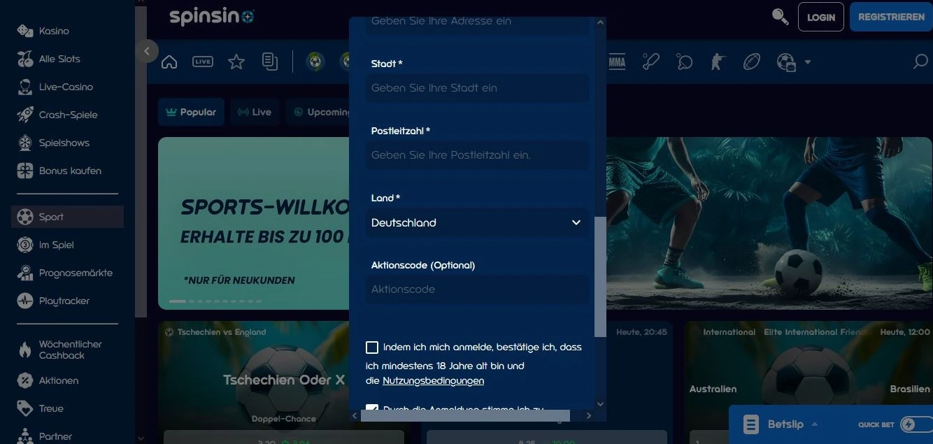 Spinsino Registrierung mit Aktionscode