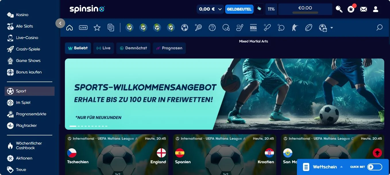 Spinsino Sportwetten Willkommensbonus bis zu 100 Euro