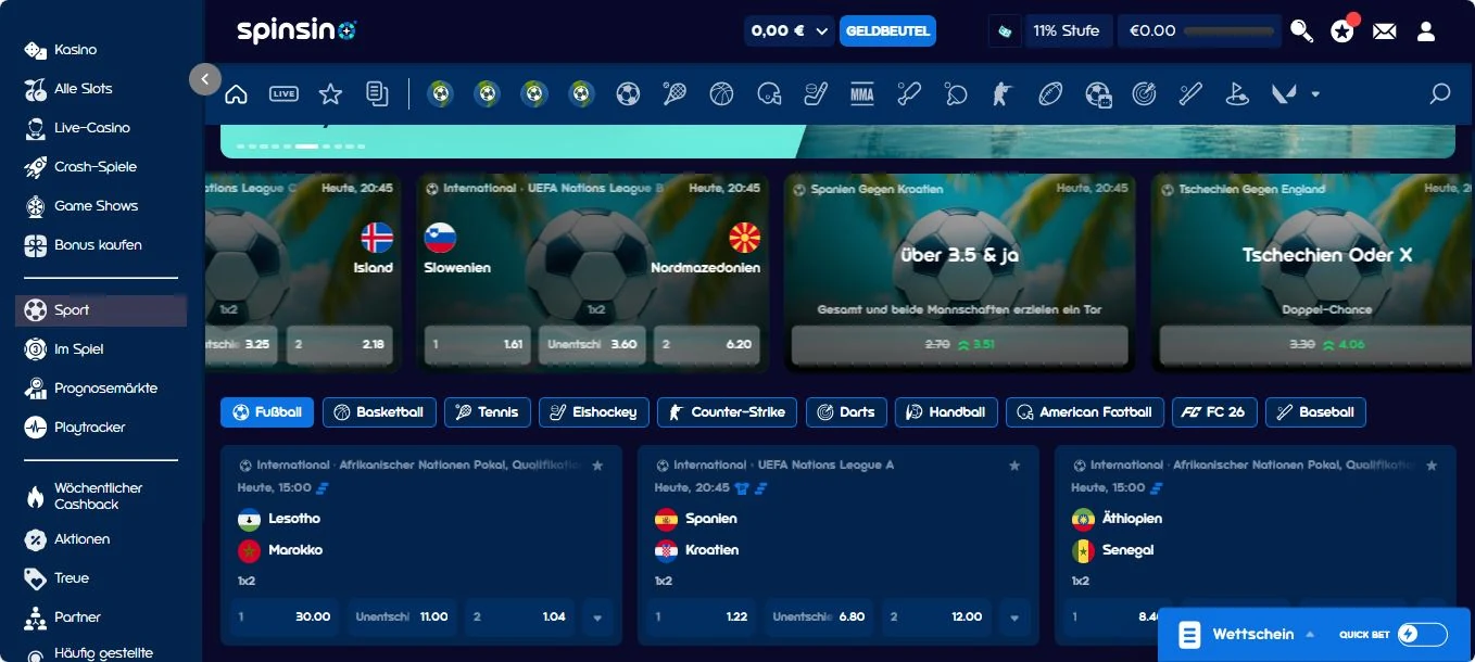 Spinsino Sportwetten Angebot mit Fußballwetten