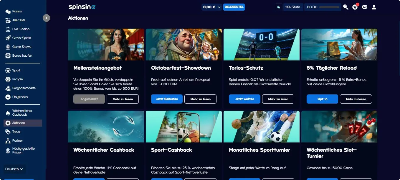 Spinsino Aktionen und Angebote für Stammkunden
