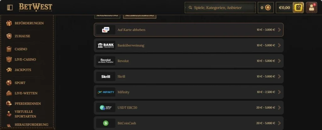 BetWest Sportwetten Auszahlungen