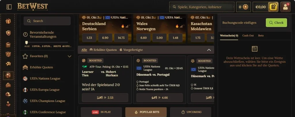 BetWest Sportwetten Wettangebot