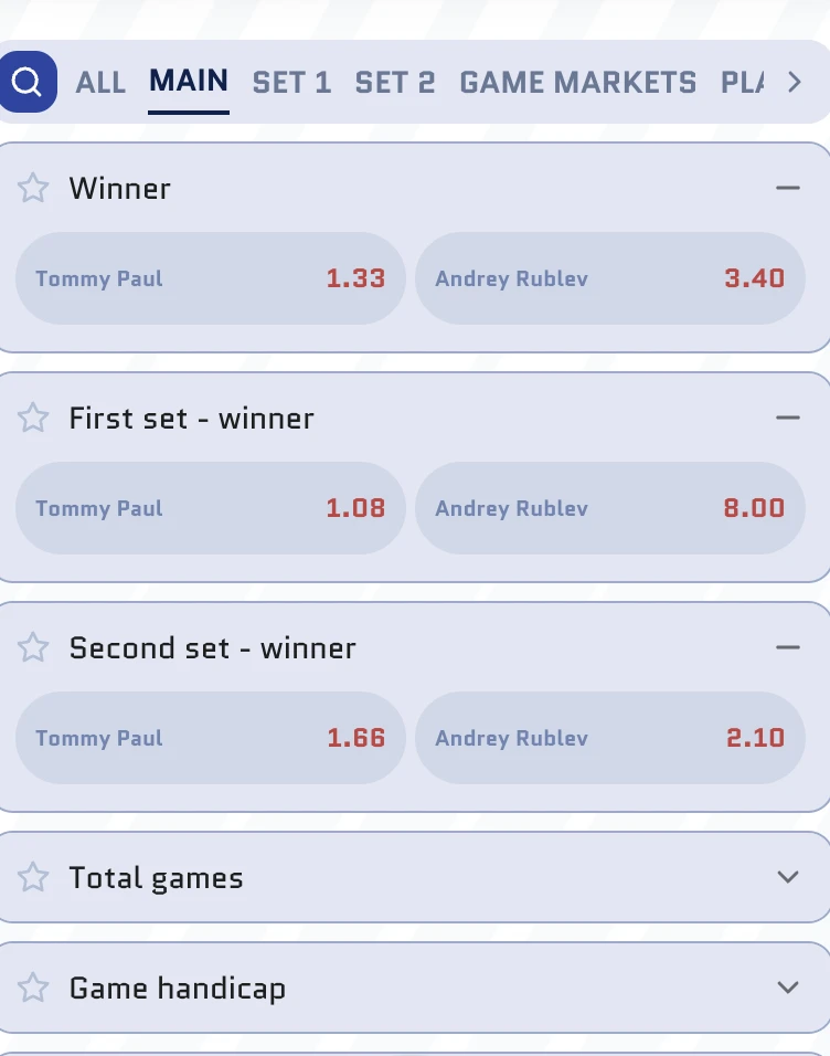 Live-Wettmarkt für das Tennismatch Tommy Paul gegen Andrey Rublev mit den Matchwinner-Quoten.
