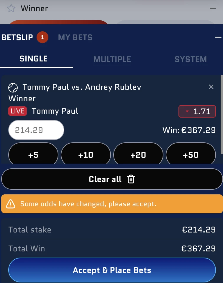 Sportwetten absichern: Live-Wettschein für eine Gegenwette auf Tommy Paul im Tennismatch gegen Andrey Rublev.