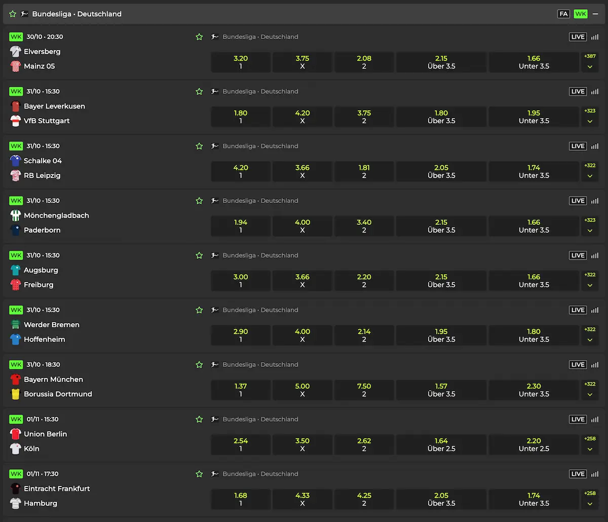 Bundesliga Quoten zum 8. Spieltag - bei Betovo
